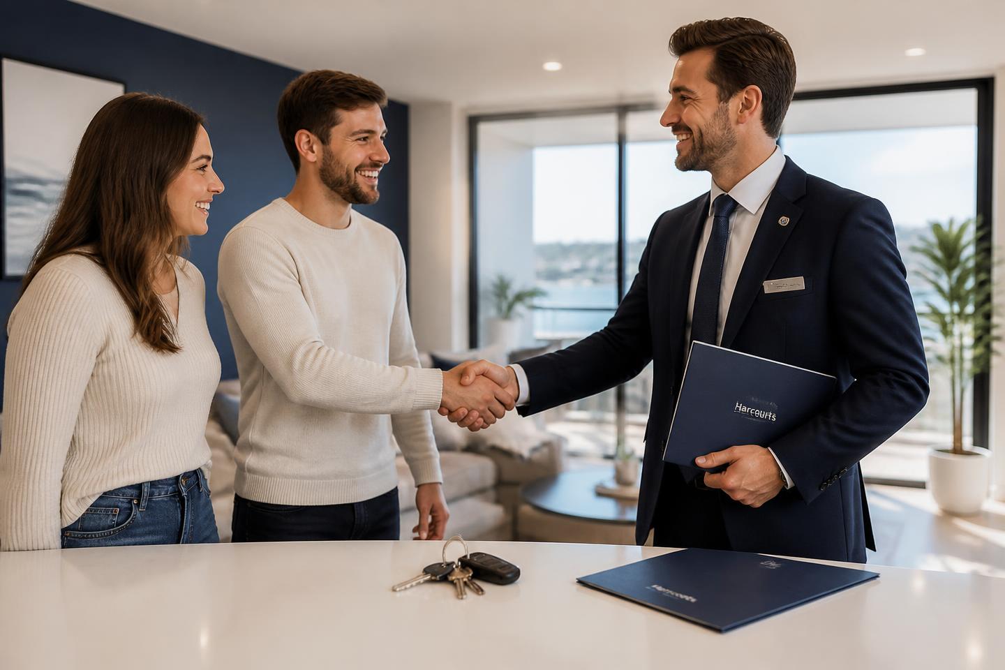 A property professional handing keys to a happy couple in a modern apartment