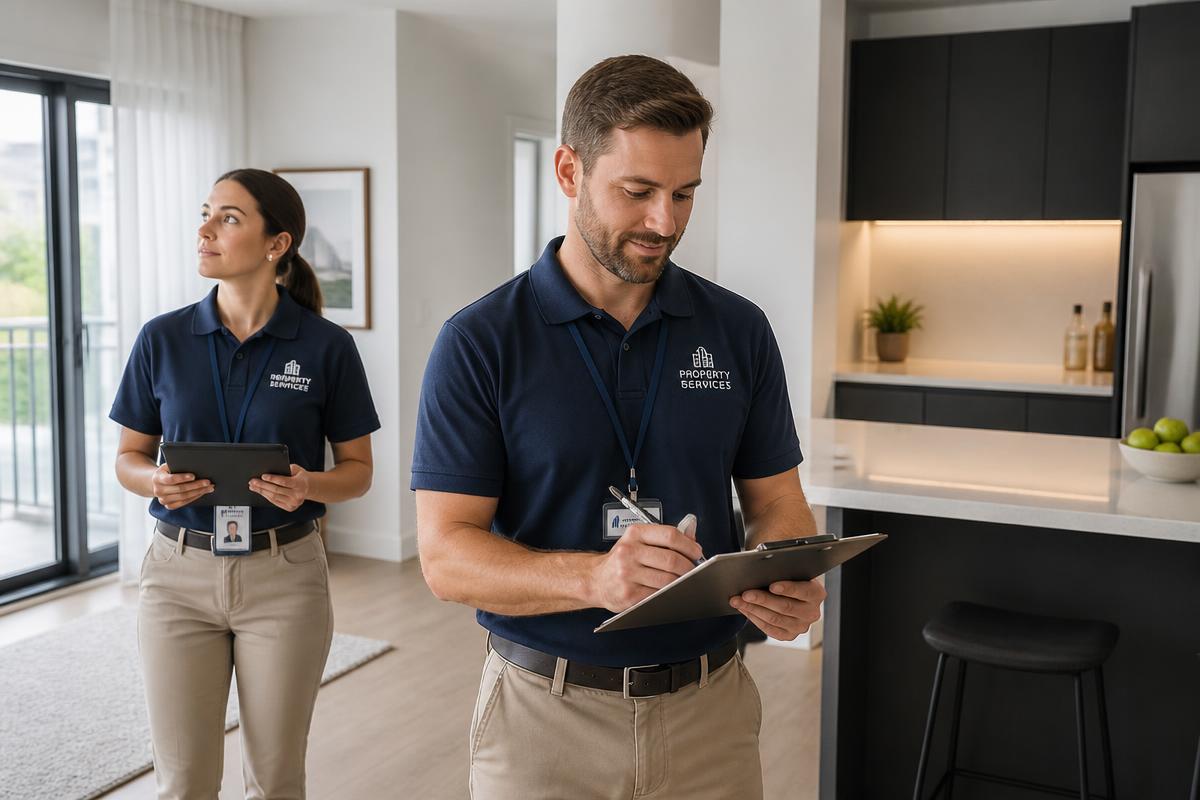 Two property professionals completing an inspection checklist in a modern apartment